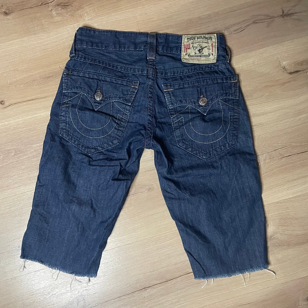 True Religion Ricky Cut Off Denim Shorts Distressed Blue‎ Jeans Mens Size 28